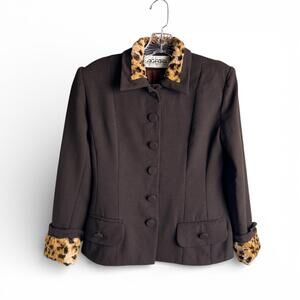 Vintage Brown Blazer with Leopard Faux Fur Collar and Cuffs